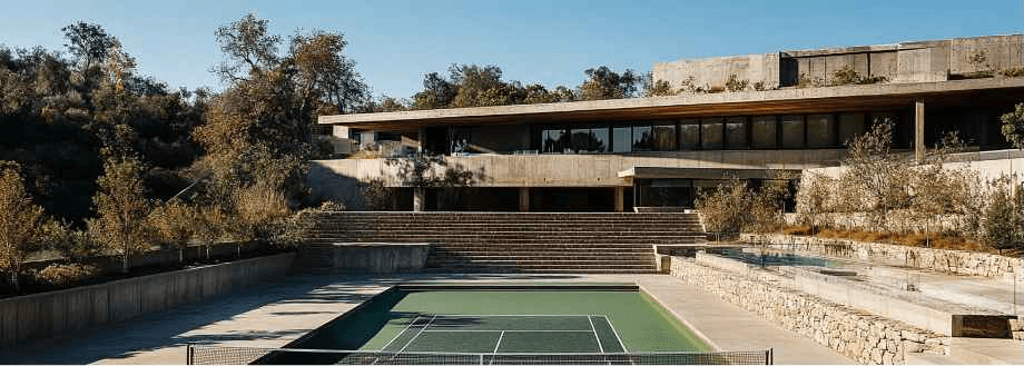 A Beyond facility exterior — training terraces and courts set into a hillside. Architectural rendering, illustrative.